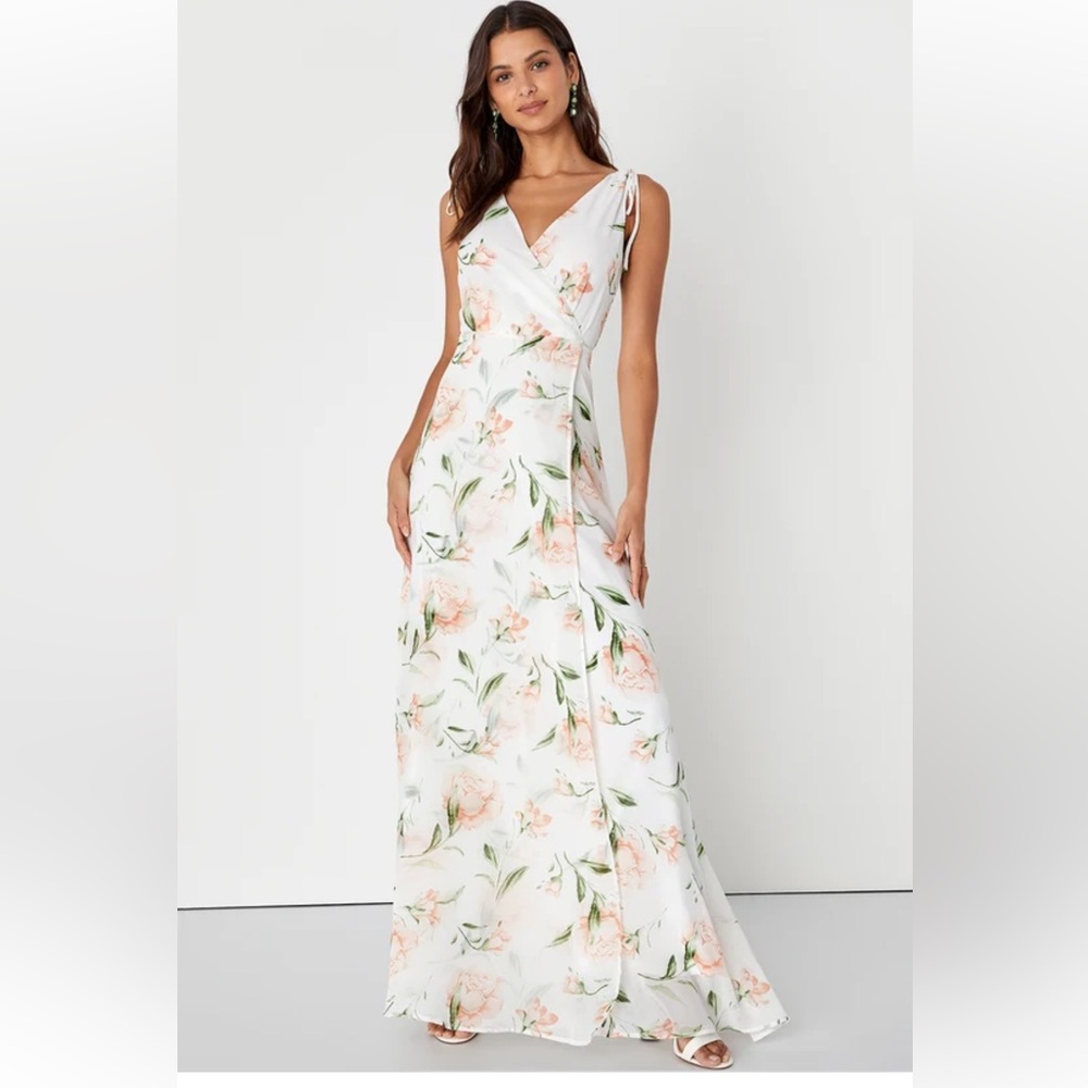 Lulu’s Romantic Possibilites White Floral Maxi Dress. Medium
